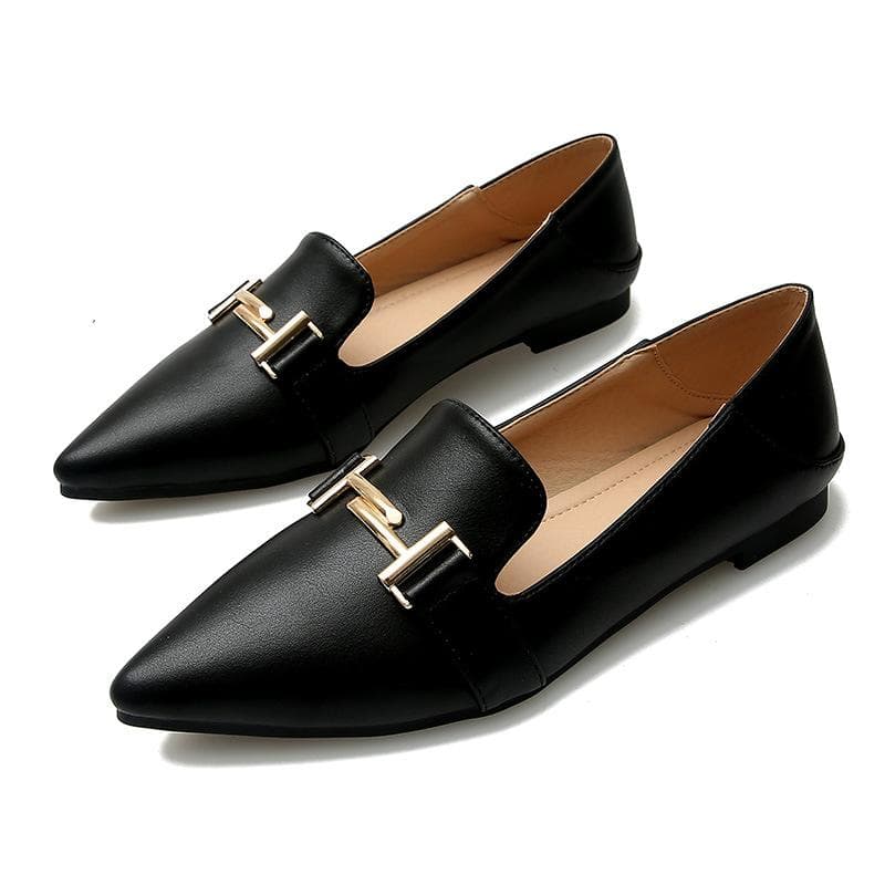 New Single Shoes Women's Flat Fashion Metal Buckle Soft Sole One Pedal Two Wear Shoes Loafers 43 black