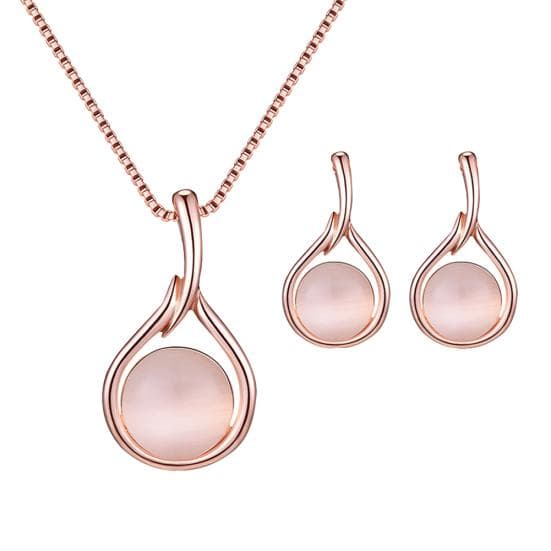 Women Round Shape Faux Opal Pendant Necklace Ear Stud Earrings Jewelry Set Gift white