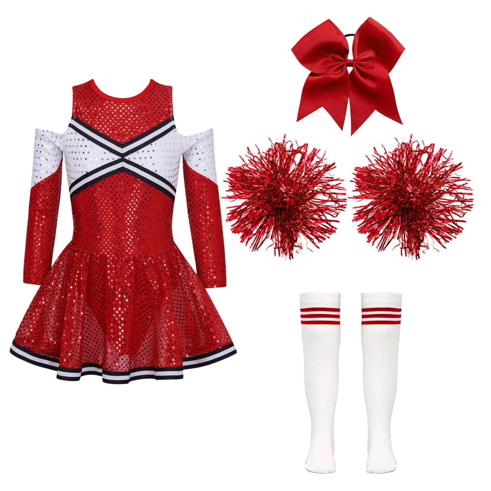 Cheerleading Costume for Girls Cheer Leader Sequins Long Sleeve Dress Set with Pom Poms Halloween Birthday Party 11-12 Years