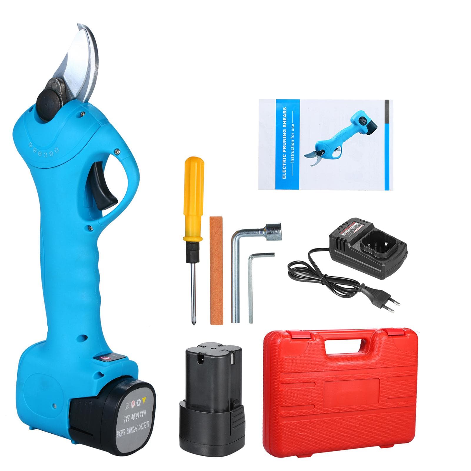 16.8V Professional Cordless Electric Pruning Shears with Carry Case Rechargeable 2Ah Lithium EU Plug & 2 Batteries blue