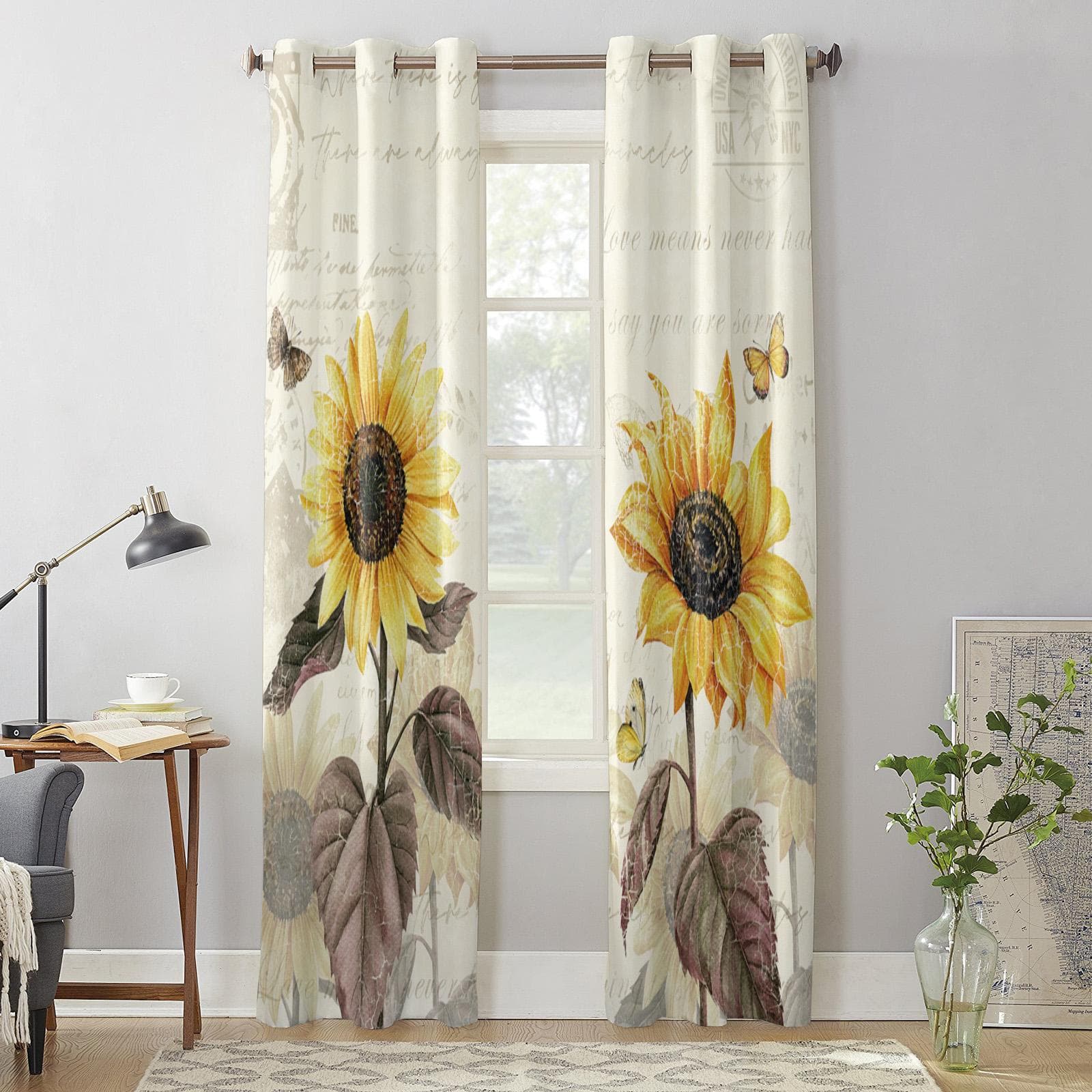 Vintage Flowers Butterflies Yellow Sunflower Modern Window Curtains for Living Room Bedroom Curtain Kitchen Blinds Drapes 135W x 60H(cm) x1