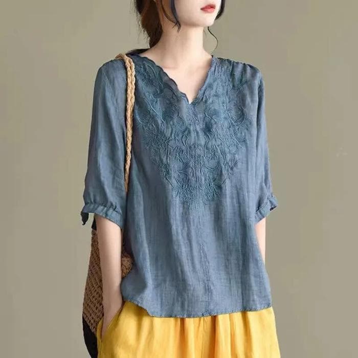 Spring and Summer Large Size Loose Temperament Casual and Artistic Retro Cotton Linen V-neck Mid-sleeved Embroidered Top 4XL blue