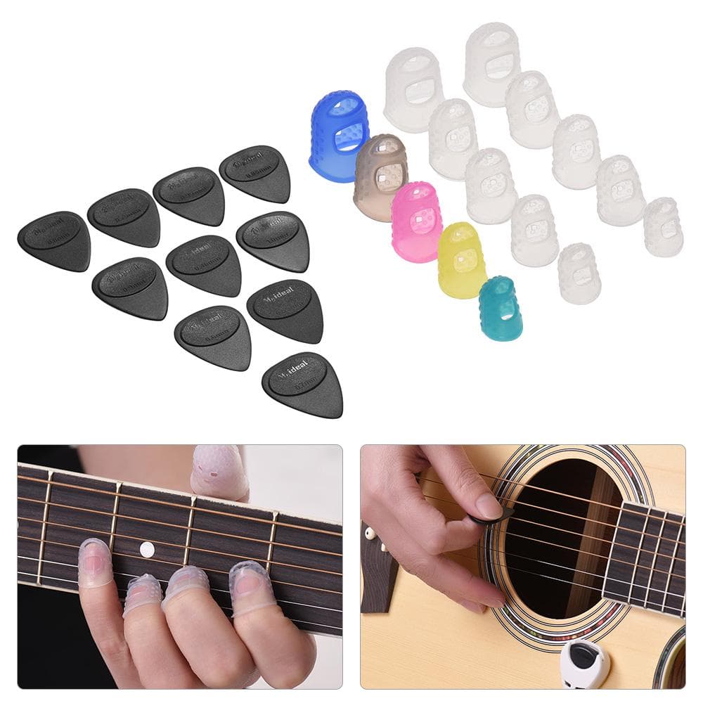 Guitar Accessories Kit Includes 15pcs Silicone Guitar Finger Protectors + 10pcs Guitar Picks for Colorful Finger Protector
