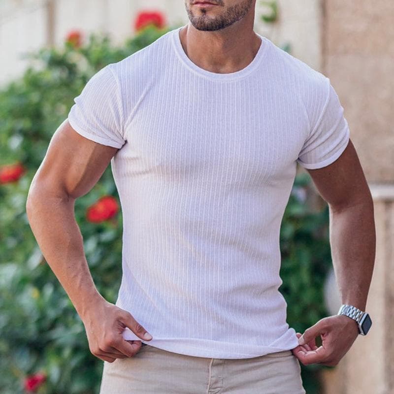 Men's Stretch T-Shirt Ribbed Knit Sleeve Bodybuilding Gym Tee Short Sleeve Slim Fit Workout Shirts Summer Breathable Round Nack T-Shirts for Men L white