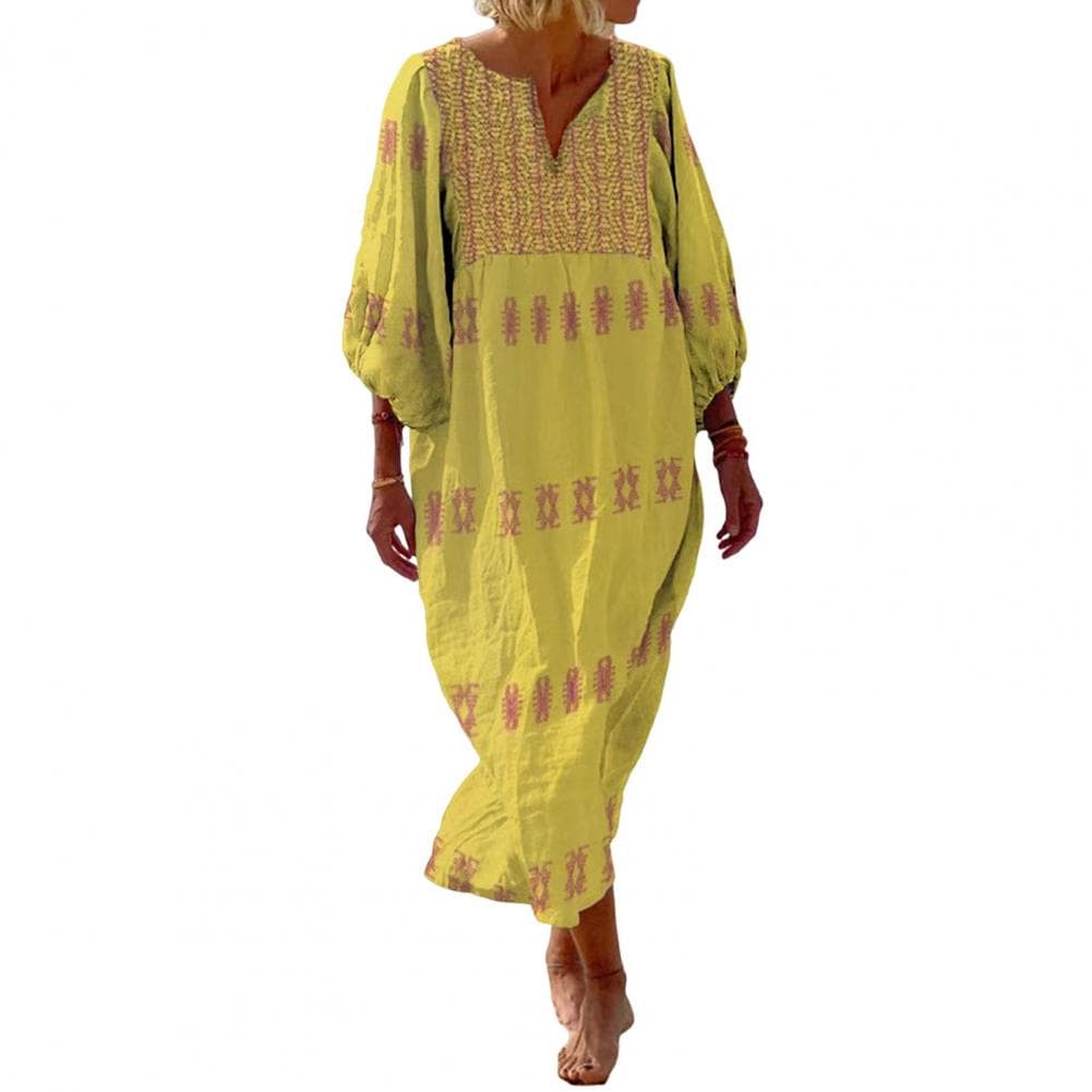 Summer Lady Dress Three Quarter Sleeves Bohemian Style Printed Loose V Neck Pullover Casual Mid-calf Length Midi Dress L yellow