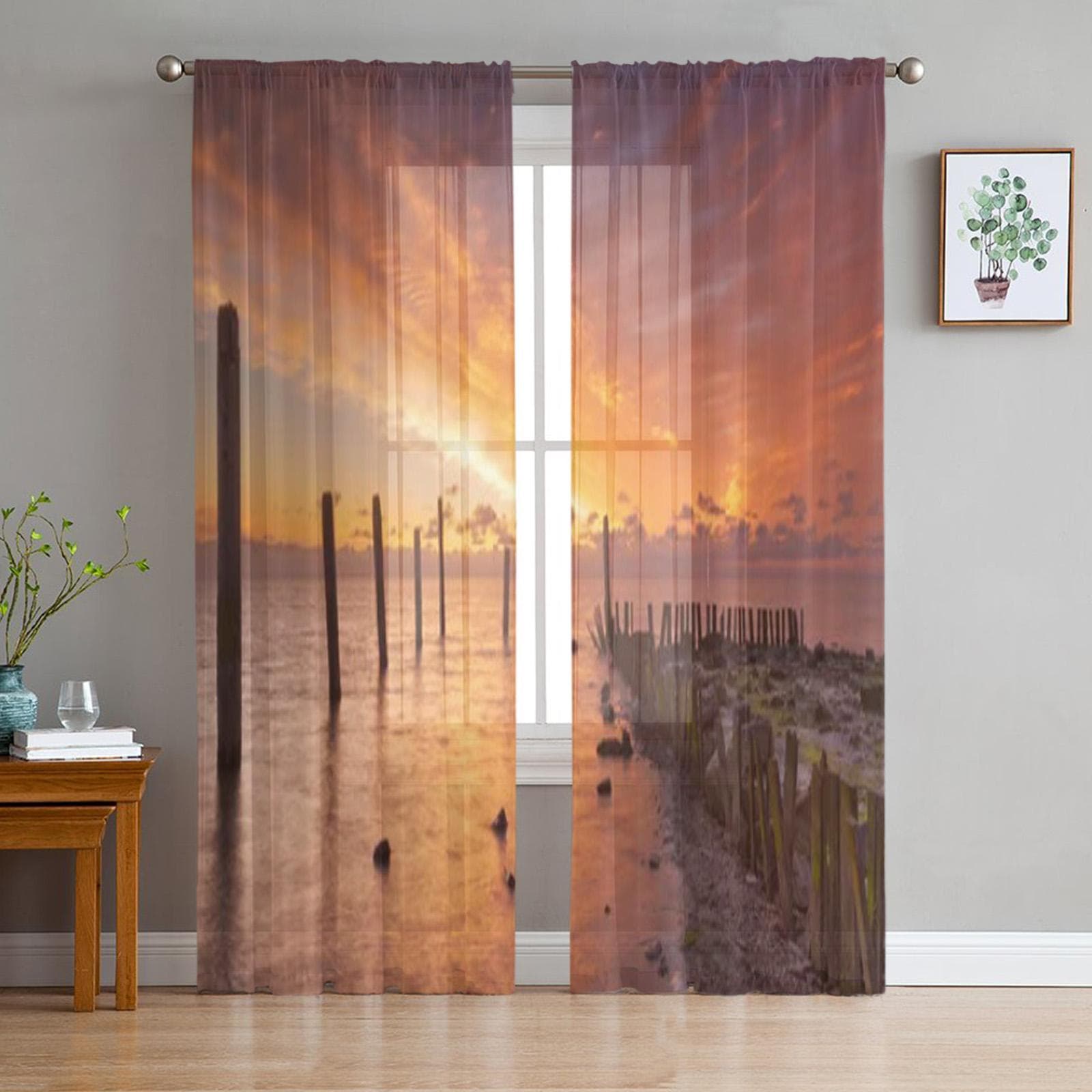 Sunrise Colours Sea Island Netherlands Chiffon Sheer Curtains for Living Room Bedroom Decoration Window Voiles Tulle Curtain 135W x 114H(cm)