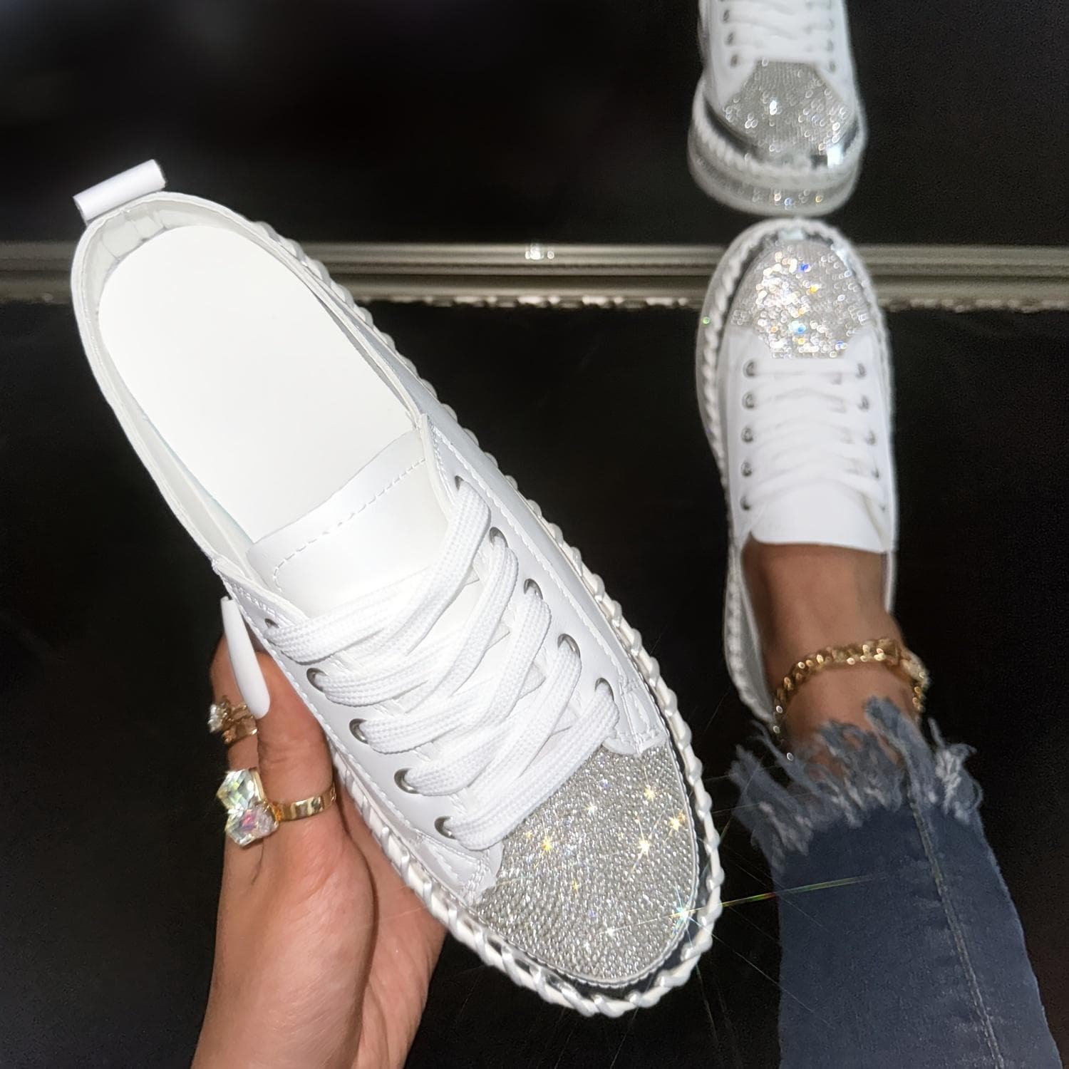 Women's Rhinestone Flat Sneakers - Stylish Lace Up Low Top Shoes for Outdoor Activities 37 white