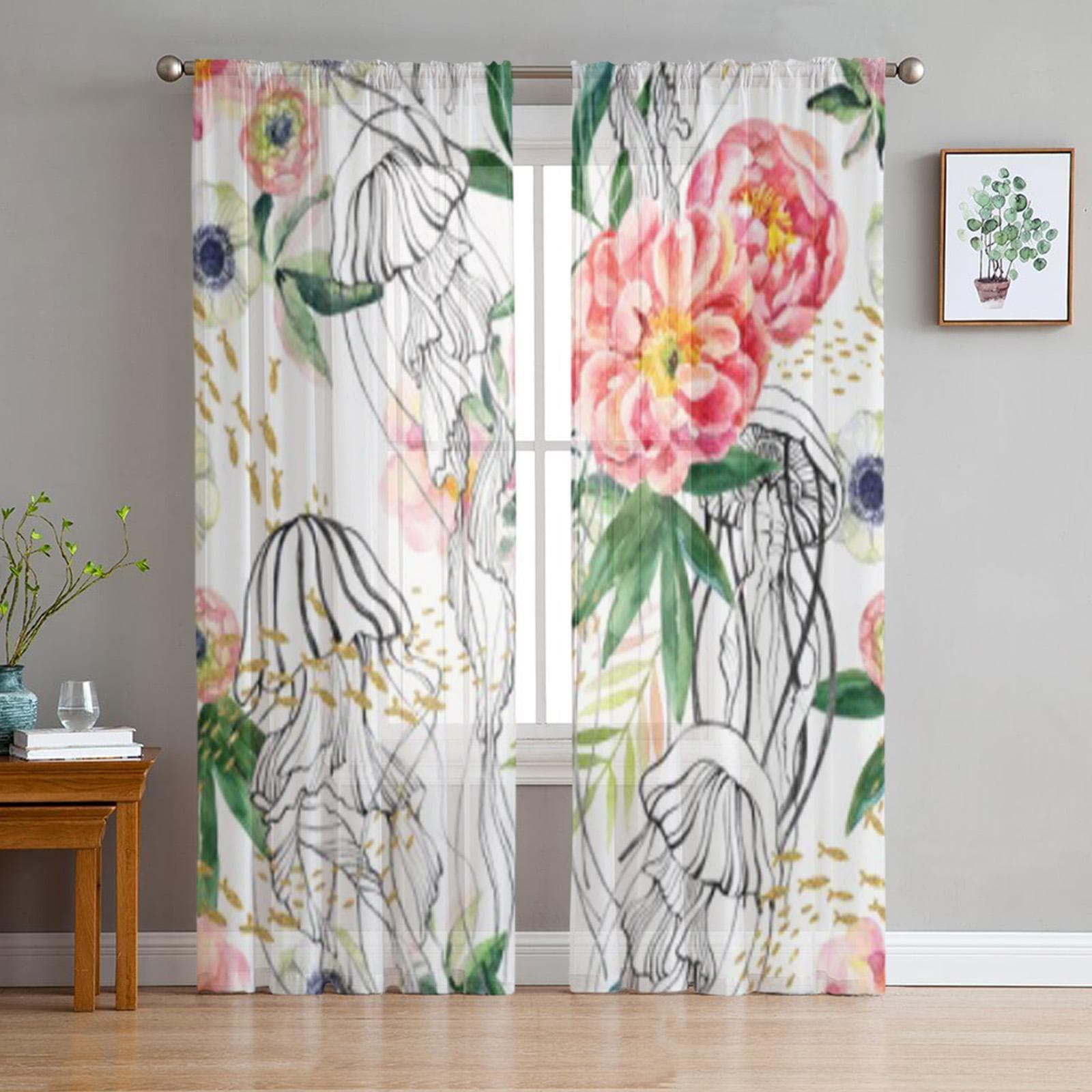 Ranunculus Anemone Jellyfishes Flowers Chiffon Sheer Curtains for Living Room Bedroom Decoration Window Voiles Tulle Curtain 135W x 114H(cm)