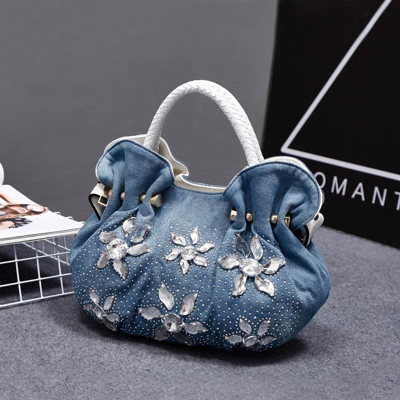 Women Denim Bags Sweet Blue Pattern High Quality Handbags with Diamond Ladies Tote Bag Messenger Bags white