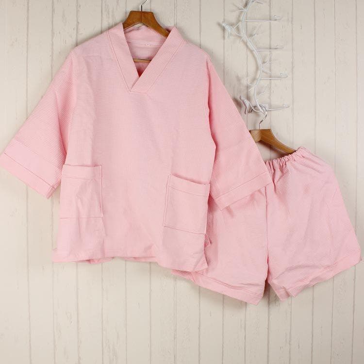 Women Waffle Bathrobe 100%Cotton Long Absorbent Bath Robe Kimono Men LightWeight Waffle Solid Dressing Gown Sleepwear Top+short XL