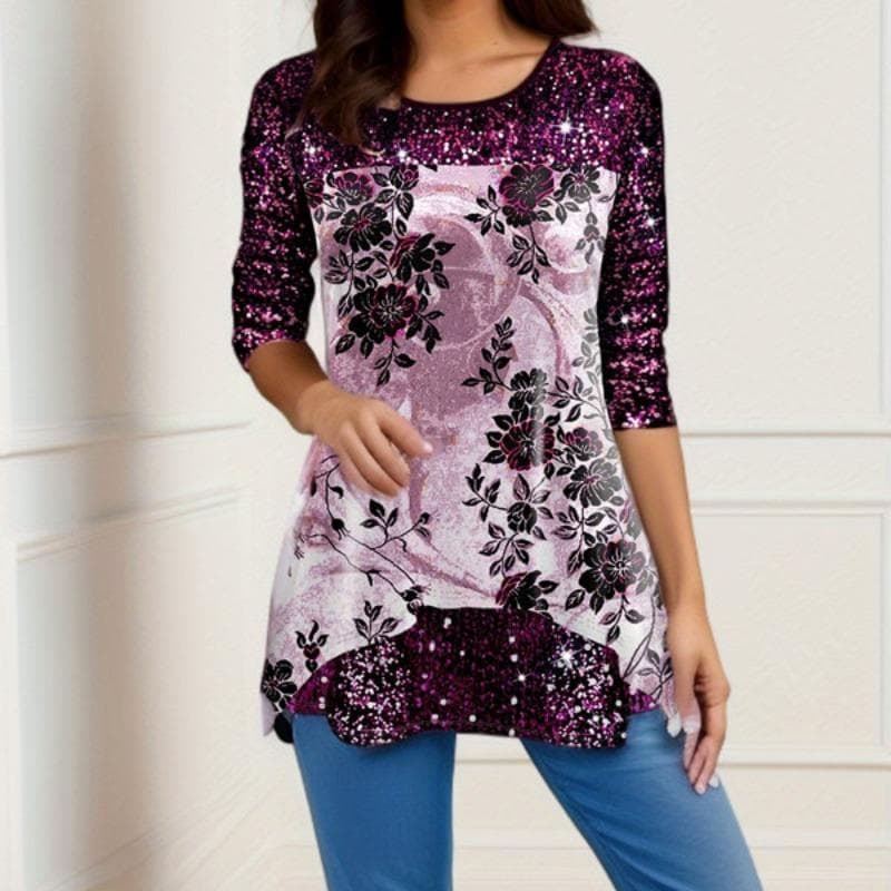 YYFS Women's Fashion Casual Spring Fall Flower Pattern Print Long Sleeve O-Neck Blouses & Shirts M purple