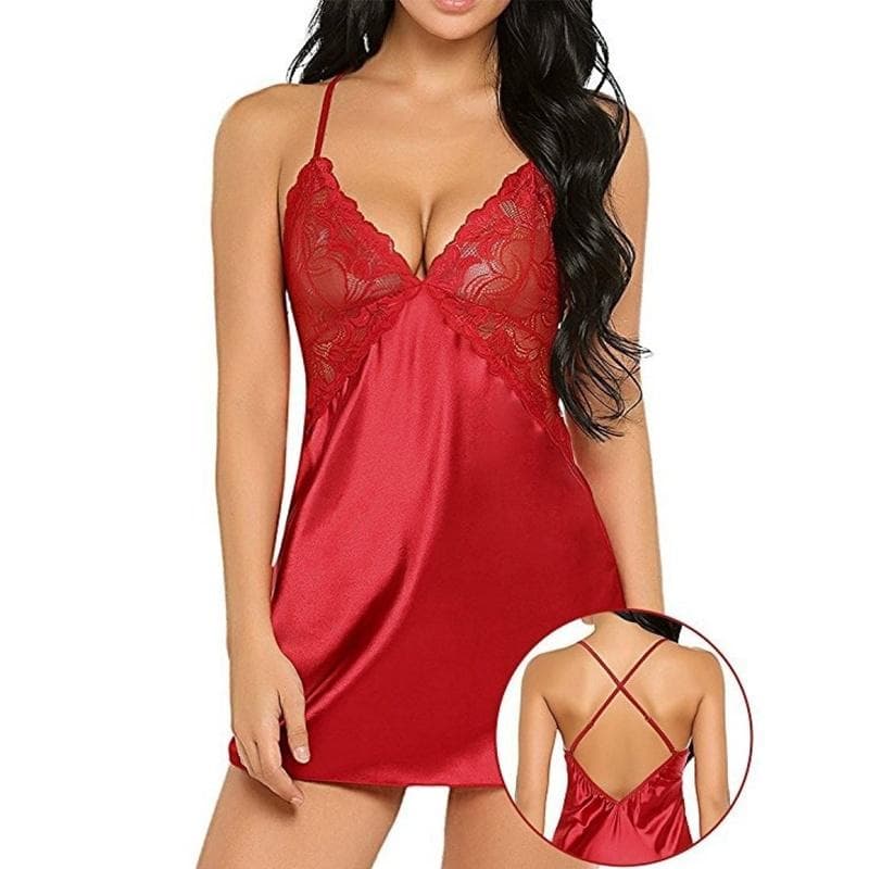 Fashion Women Sexy Lingerie Satin Chemise Silk Slip Sleepwear Lace Robe Dress Nightwear L red