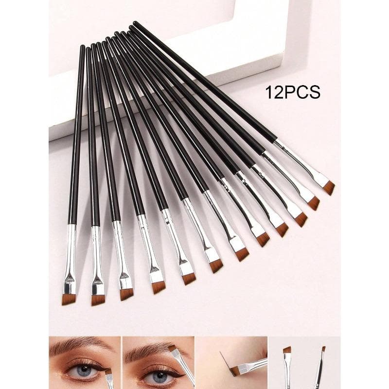 12pcs Ultra-Fine Eyeliner Brush, Soft Hair Makeup Brush, Portable Eyebrow Brush, Multi-Functional Lying Silkworm Brush Makeup Tool Eyeshadow Brush black/silver