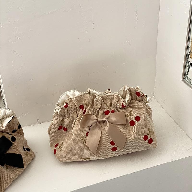New Large Capacity Dinner Bag for Girls, Hand In Hand for Travel, Corduroy Makeup Bag, Cherry Storage Bag red