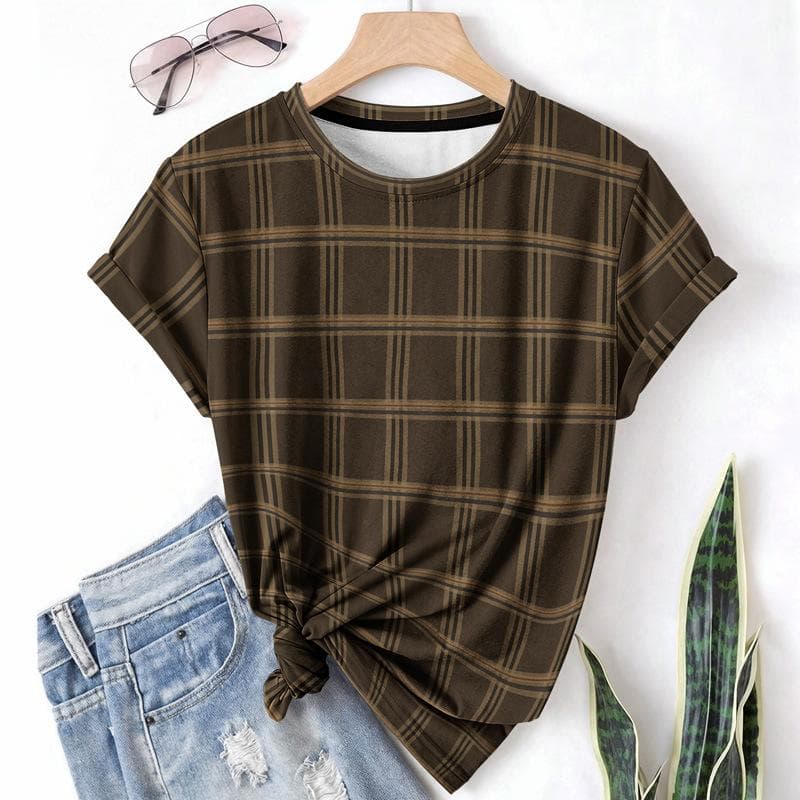 Striped Casual Sports Women's T-shirt Summer Round Neck Short Sleeved Element Pattern Checkered Loose Fit T-shirts L