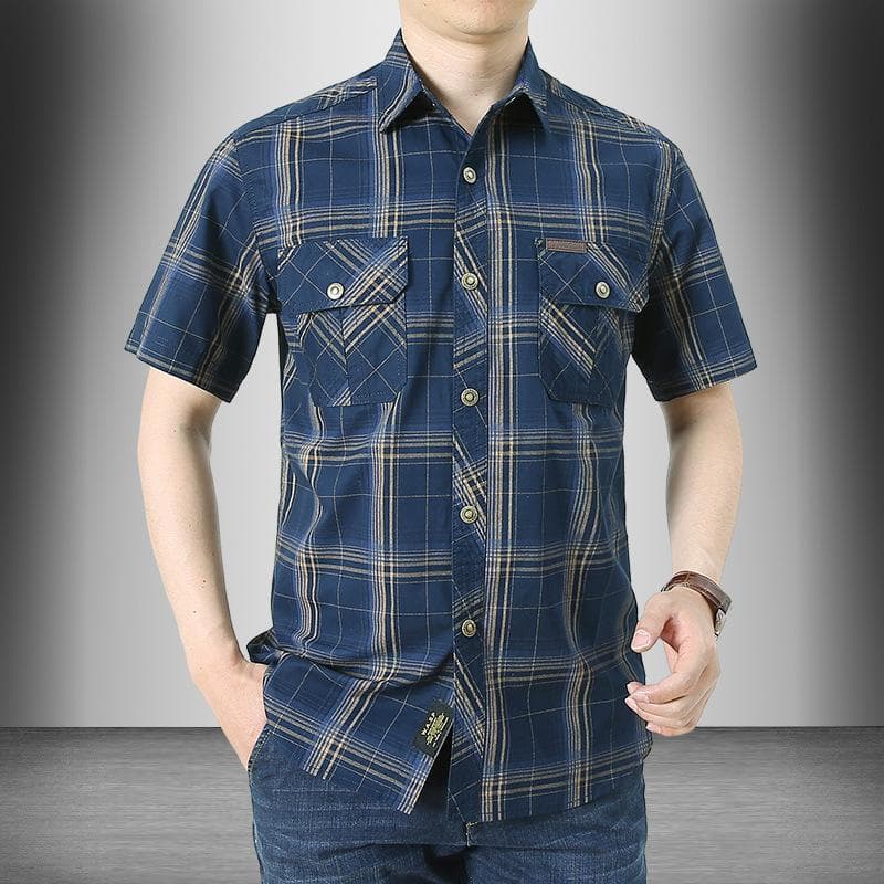 Summer Men's Short-Sleeved Shirt Cotton Casual Plus Size Loose Lattice Shirt Thin Top Breathable Comfortable Absorb sweat M dark blue