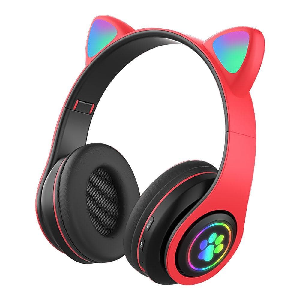 Bluetooth 5.0 Headphone with Microphone Cute Cat Ear Wireless/Wired Foldable Headphone Bass RGB Breathing Light for Boys/Girls red