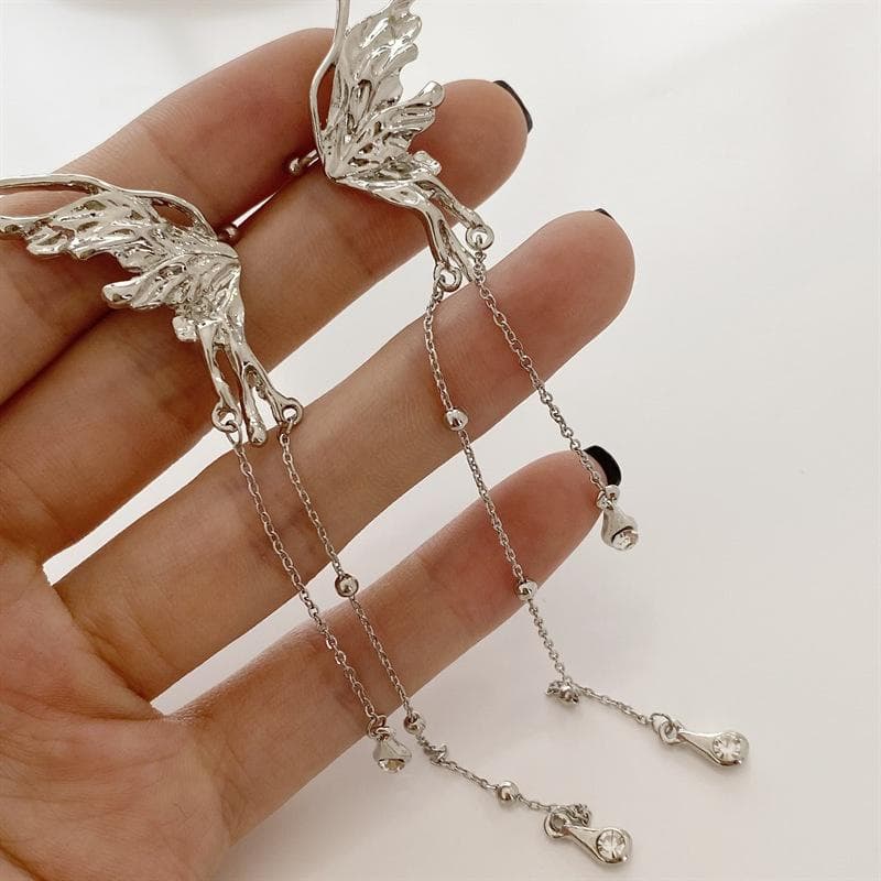 New Angel Wing Ear Clip Butterfly Ear Cuff Long Tassel Earrings Without Piercing Earring Fashion Jewelry Gifts 1 Pair silver