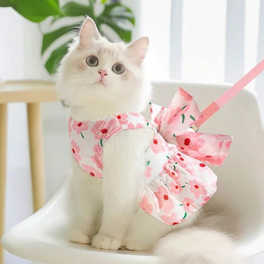 Pet Kitty/Puppy Princess Style Leash Dress, Suitable for Munchkin, Ragdoll, Scottish Fold, Poodle, Samoyed, with Attached Leash XS pink