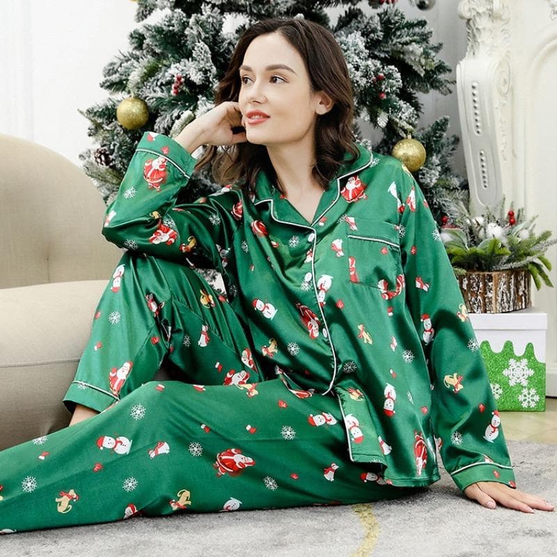 Wind Satin Simulated Silk Festival Cartoon New Year Home Clothes Two-piece Set for Women XL