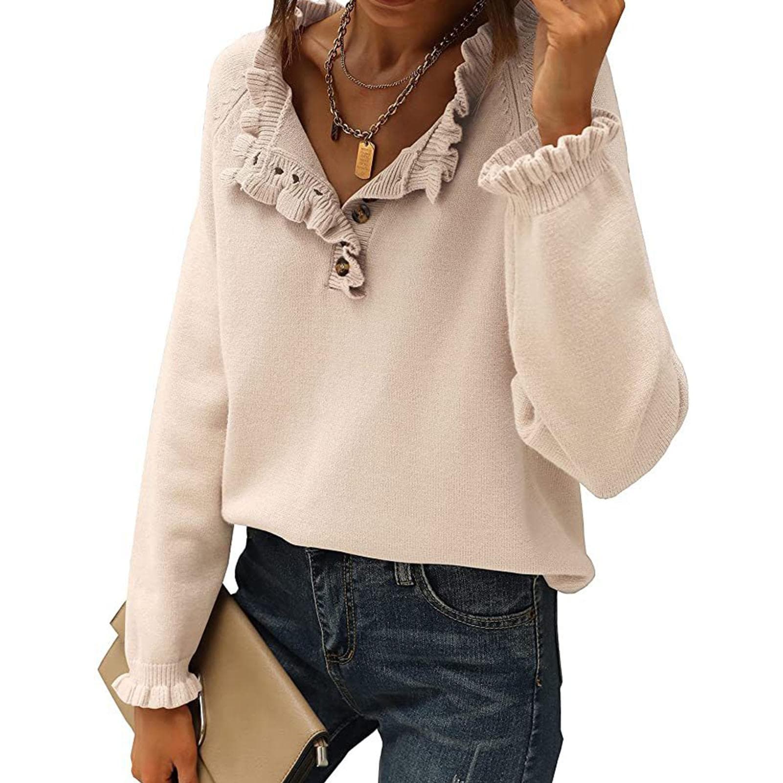 Women Ruffle Knit Pullover Sweater Long Sleeve V Neck Button Down Jumper Top for Spring Autumn S(for 2-4kg) apricot