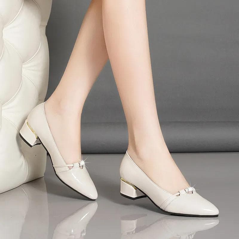 Real Soft Leather Single Shoes Women Spring and Autumn Mesh Breathable Thick Heel Small Leather Shoes British Style Shallow Mouth Work Shoes 38 white