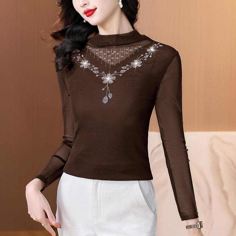 Mesh Long-sleeved Base Shirt for Women's Winter Clothes New Style Plush Thickened Design Inner Slim and Fashionable Top 4XL