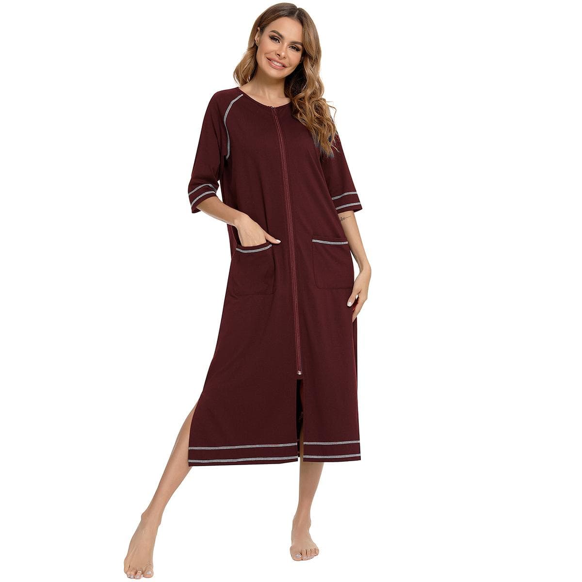 Bright Deer Women Zipper Maternity Robe 3/4 Sleeve Long Hospital Birthing Labor and Delivery Gown Nursing Nightgowns House Bathrobe Lounger Sleepwear L burgundy