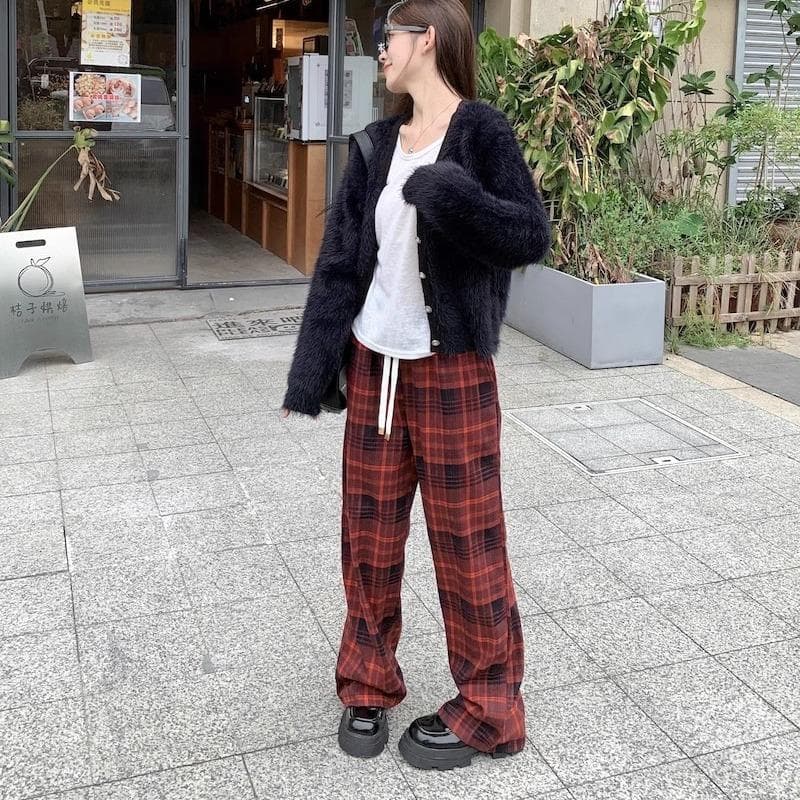 Retro Grinding Red Plaid Pants for Women Loose Versatile Straight-leg Casual Floor Trousers 4XL red
