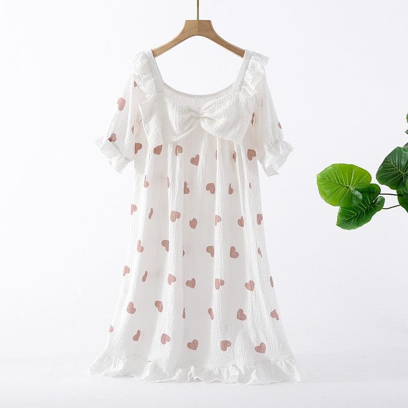 New Summer Long Dress Ladies Short Sleeve Nightdress 100% Cotton Crepe Loose Home Cute Bow Love Dress Home Skirt sleepwear women XL white