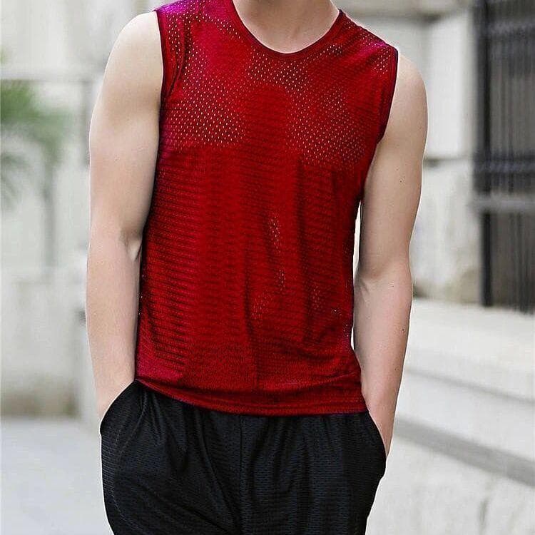 Men's Ice Silk Mesh Sleeveless Vest - Sweat-Absorbent, Loose Fit Fitness Shirt 5XL burgundy