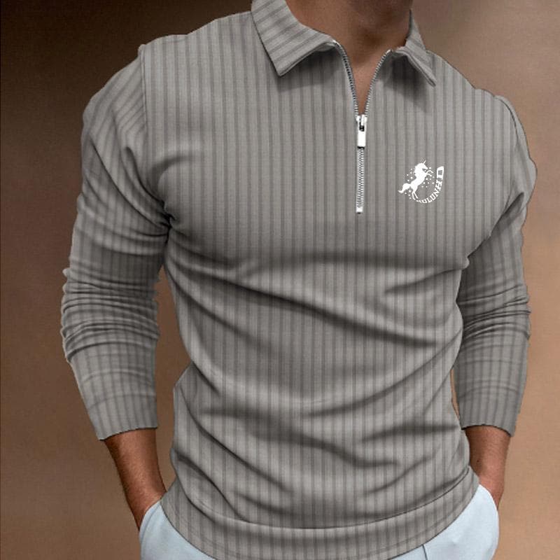 Men Casual Long Sleeve Zipper Stripe Polo Shirt . L