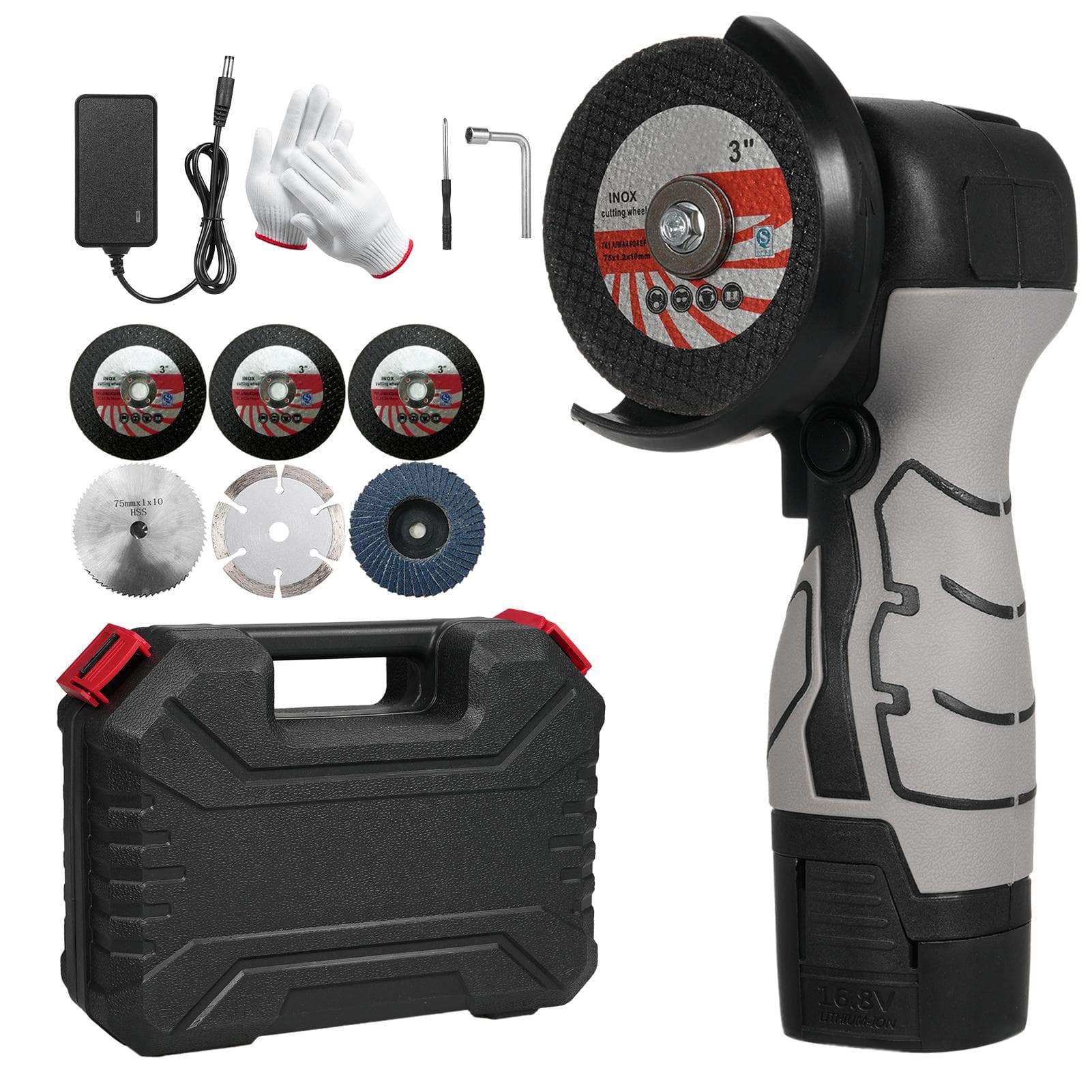 Cordless Angle Grinder 7000RPM Electric Grinding Tool Mini Grinder with 1Pcs 16.8V 2000mAh Battery EU Plug & 6 Blades black