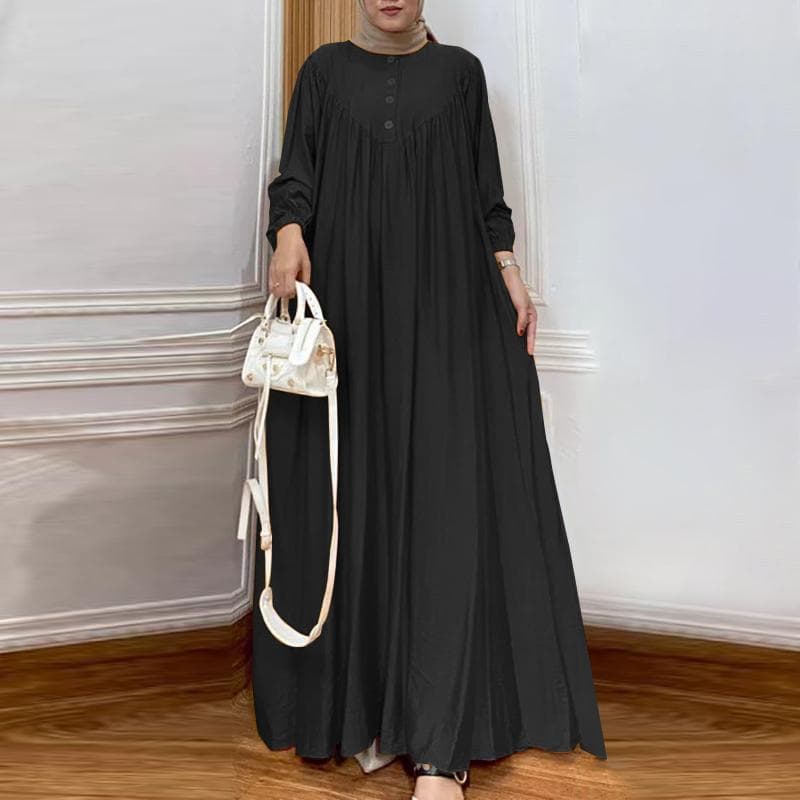 ZANZEA Women Casual Long Sleeve O-neck Solid Color Loose Maxi Dress S black