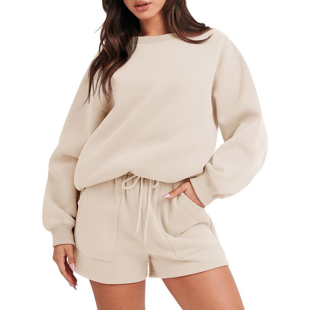 2 Pcs/Set Women Sweatshirt Shorts Set Loose Solid Color Drawstring Elastic Waist Long Sleeve Round Neck Elastic Cuff Soft Pocket M beige