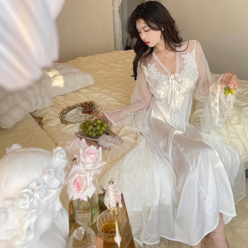 Women's Nightdress Summer Sexy Lace Patchwork Long Sleeve Ladies Nigthgown V Neck Silk Like Sleepwear Satin Night Dress Female L white