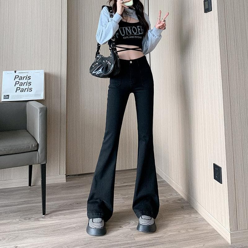 Niche Design Black Micro-flare High-waist Jeans for Women In Autumn and Winter New Slim Fit Stretch Flared Trousers XXL black