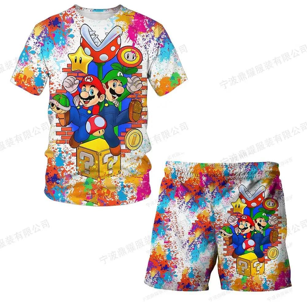 2025 MINISO Children's Clothing Sets Cosplay Super Mario T-shirts Shorts 2 Pcs Suits Kids Boys Girls Tops Tee Mario Bros T-shirt Pants Suit 110