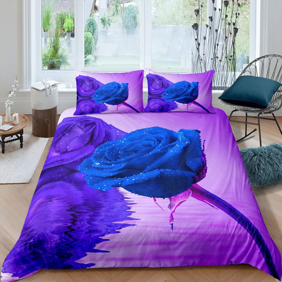 Blue Rose King Queen Bedding Set Romantic Floral Duvet Cover Abstract Water Ripples Flower Comforter Cover Polyester Quilt Cover 135x200cm 2pcs