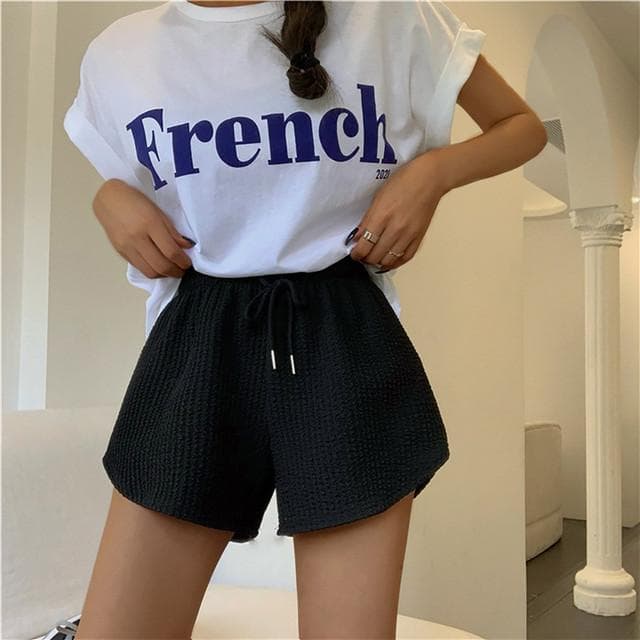 Women Shorts Summer High Elastic Lace Up Drawstring Wide Leg Sweat Short Fitness Running Shorts Loose Casual Large Sports Pants M black