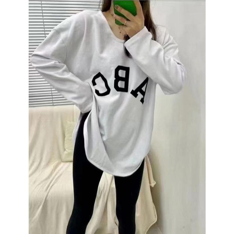 Thickened Velvet Letters U-shaped Collar Long-sleeved T-shirt for Women In Autumn and Winter New Loose and Versatile Slim Curved Hem Base Shirt XXL