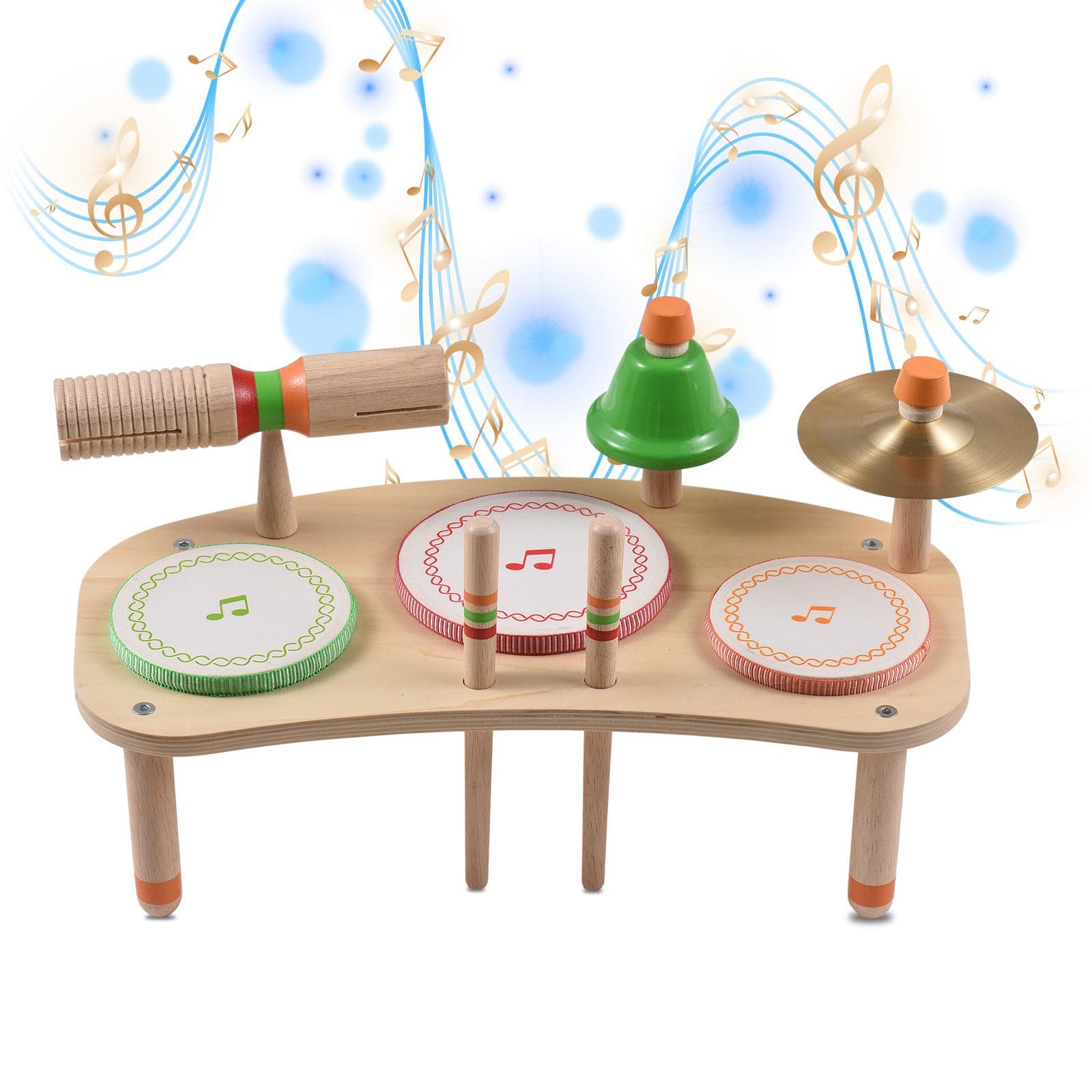 Drum Set 7-in-1 Desktop Drum Portable Detachable Drum Kits Percussion Instrument Natural Wood