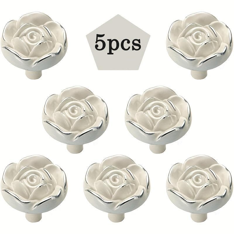 5/10pcs Vintage Rose Cabinet Knobs, Kitchen Minimalist Zinc Alloy White Drawer Pulls for Dressers, Nightstands, Cabinets, Closets with Screws 5pcs white