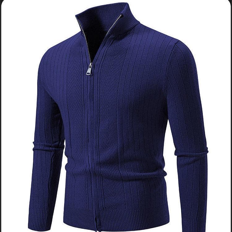 Winter Zipper Base Knitted Sweater Cardigan High Neck Sweater Men's Simple Solid Color Slim Fit Jacket 3XL Dark blue