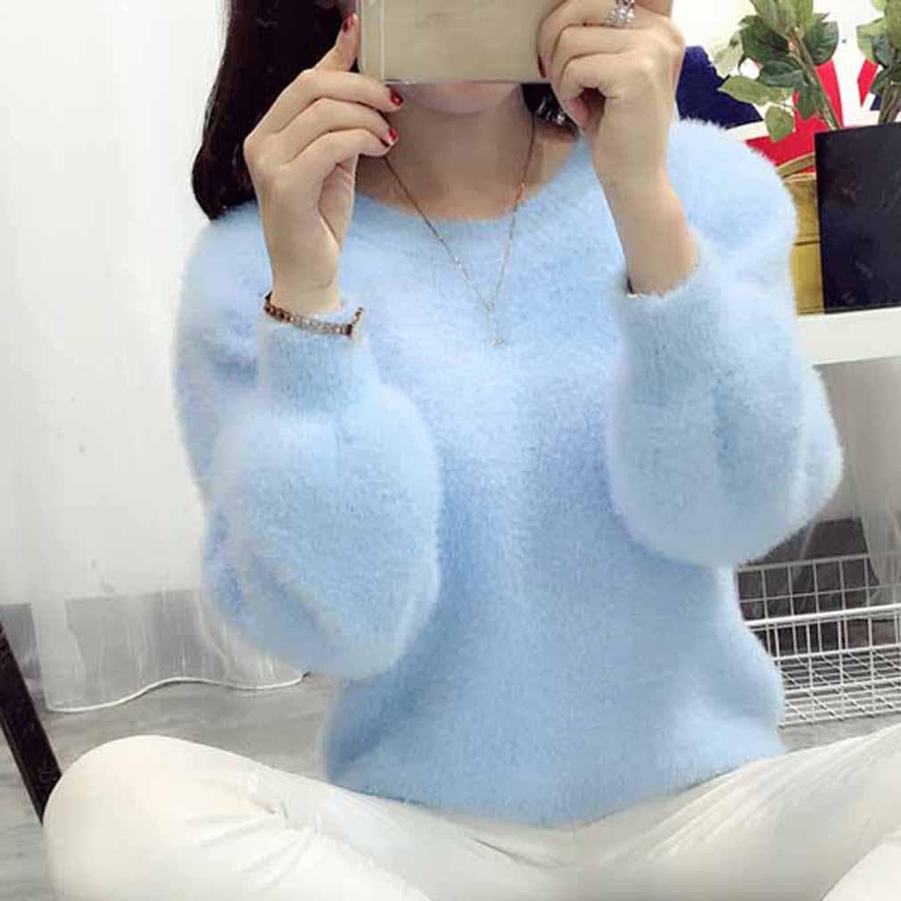 Skinny Style Womens Casual Long Sleeve Knitted Pollover Loose Jumper Tops Sweater Knitwear One size blue