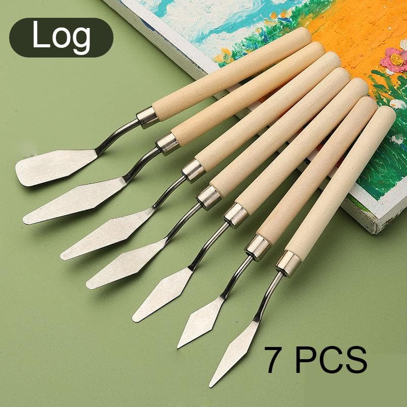 7PCS Stainless Steel Spatula Oil Painting Shovel Baking Pastry Tools Kitchen Tools Fondant Cream Mixing Scraper Log beige