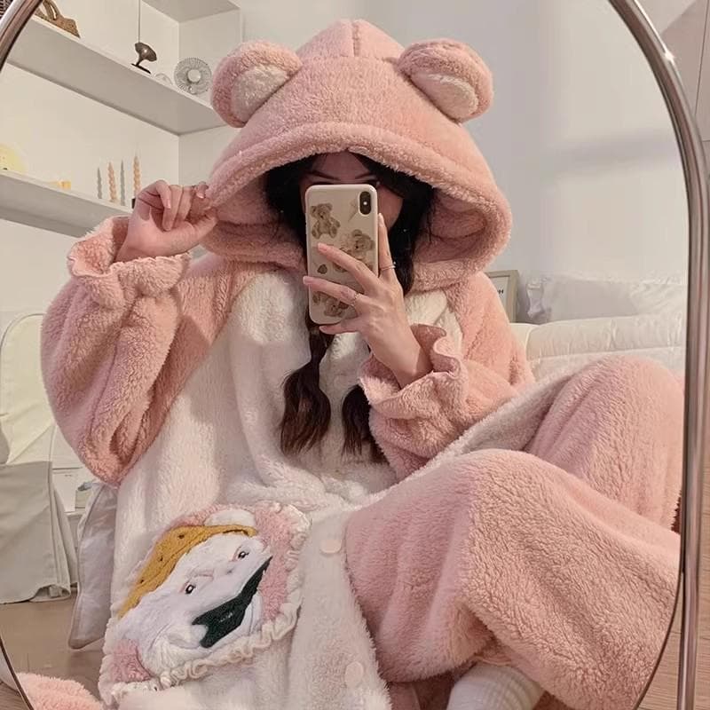 Cute Coral Fleece Winter Warm Sleepwear Women's Pajamas with Pants Set Kawaii  Hooded Nightgown Girls Home Wear Suit Pajama 2XL