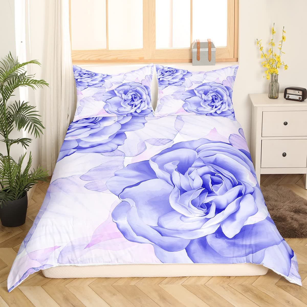 Blue Rose King Queen Bedding Set Romantic Floral Duvet Cover Abstract Water Ripples Flower Comforter Cover Polyester Quilt Cover 135x200cm 2pcs