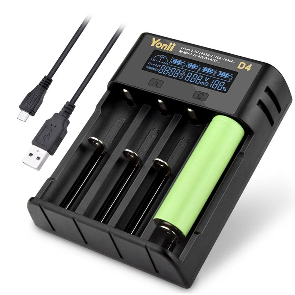 YONII D4 LCD 18650 Battery Charger 4 Slot for 18650 21700 26650 Lithium AA AAA Nimh Battery black