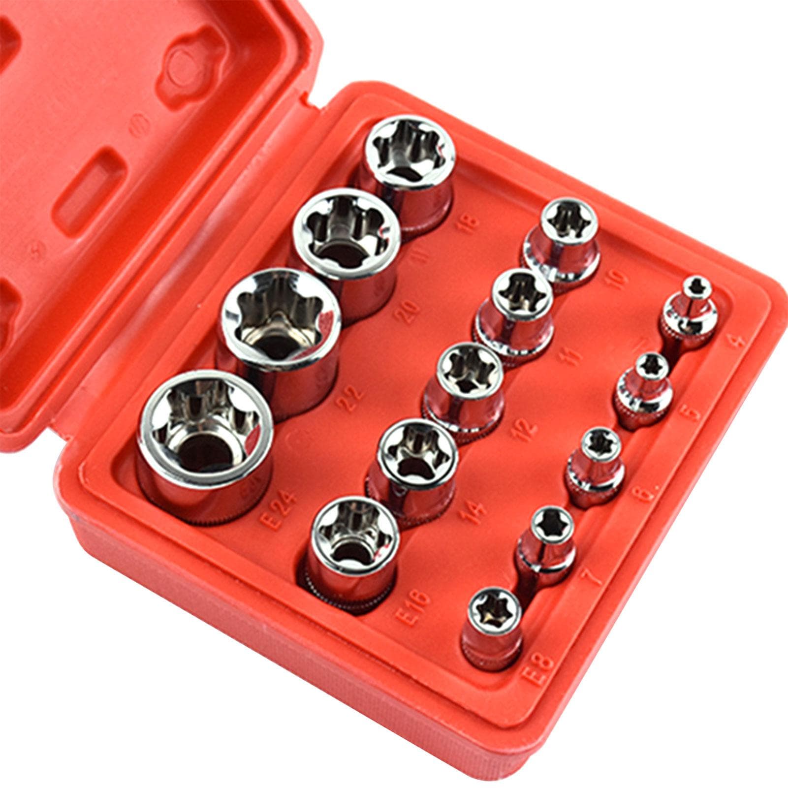 14Pcs Female Star Bit Sockets Set 1/2 3/8 1/4 Drive Sockets E4 -E24 with Storage Box 14Pcs